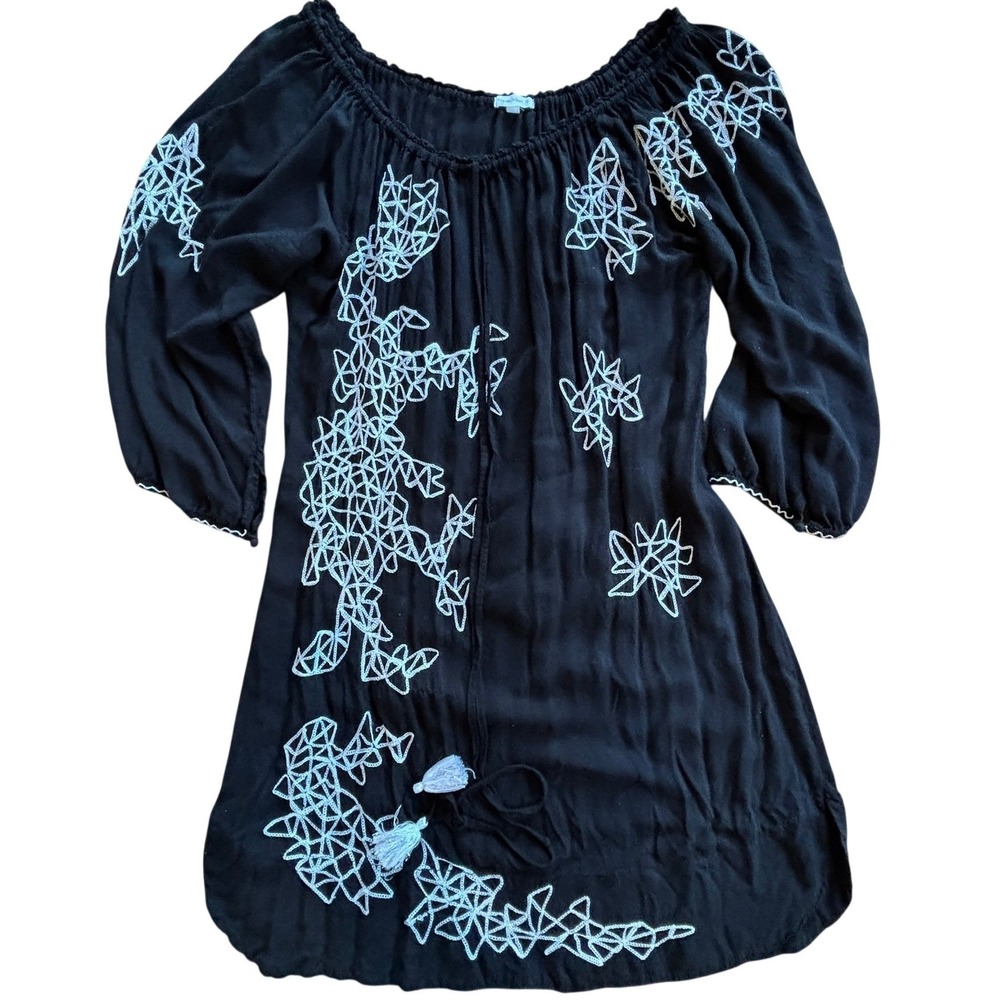 Poupette St Barth Black Embroidered Boho Peasant Dress Size M